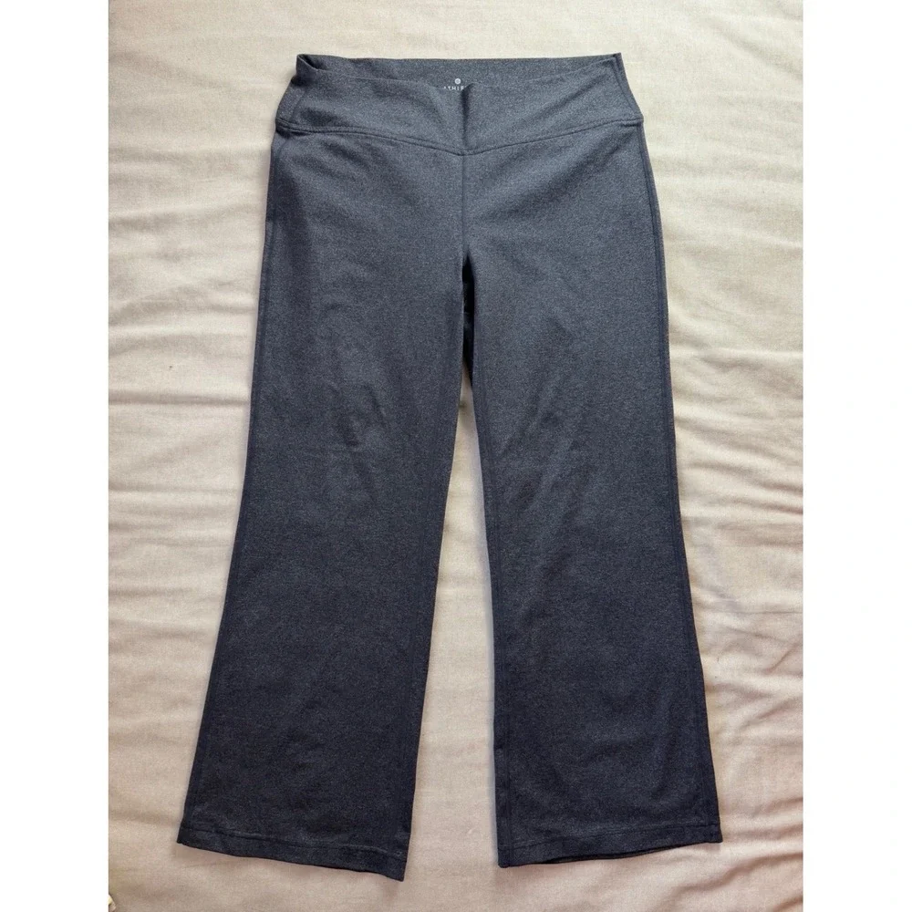 Athleta Large Fusion Flare Gray Wide Yoga Pants Back Flap Pockets